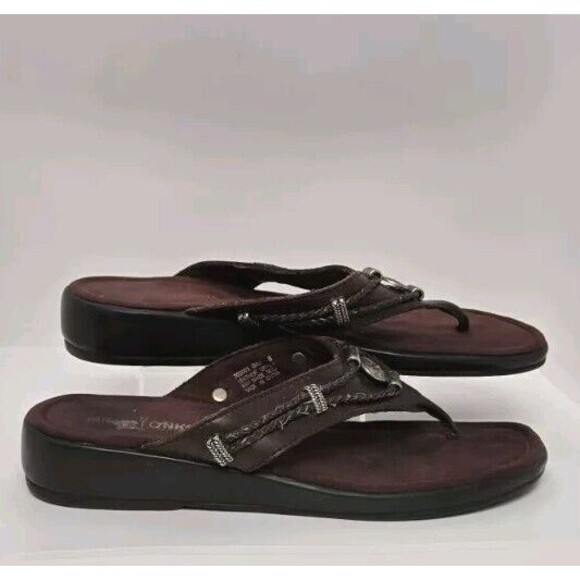 MinneTonka Silverthorne Brown Leather Sandals Flip Flops Thongs Women Size 8 - Picture 10 of 14